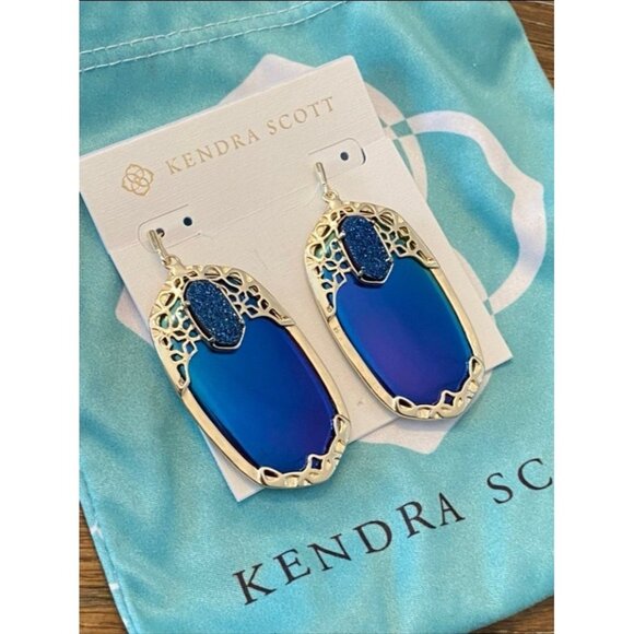Kendra Scott Deva Statement Earrings Black Iridescent & Blue Druzy In Gold RARE - Picture 1 of 5